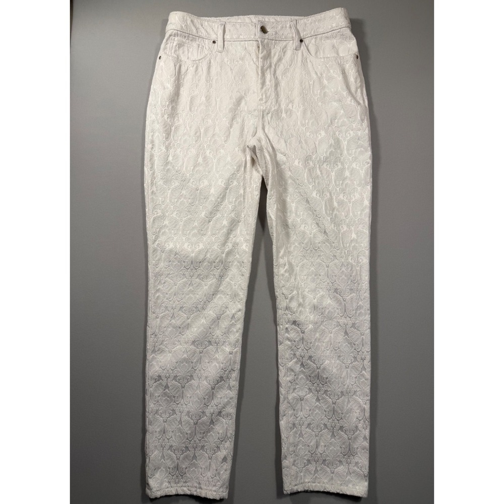 Chicos Perfect Stretch White Damask Jacquard Pants Size 0.5 Straight Leg 31x26